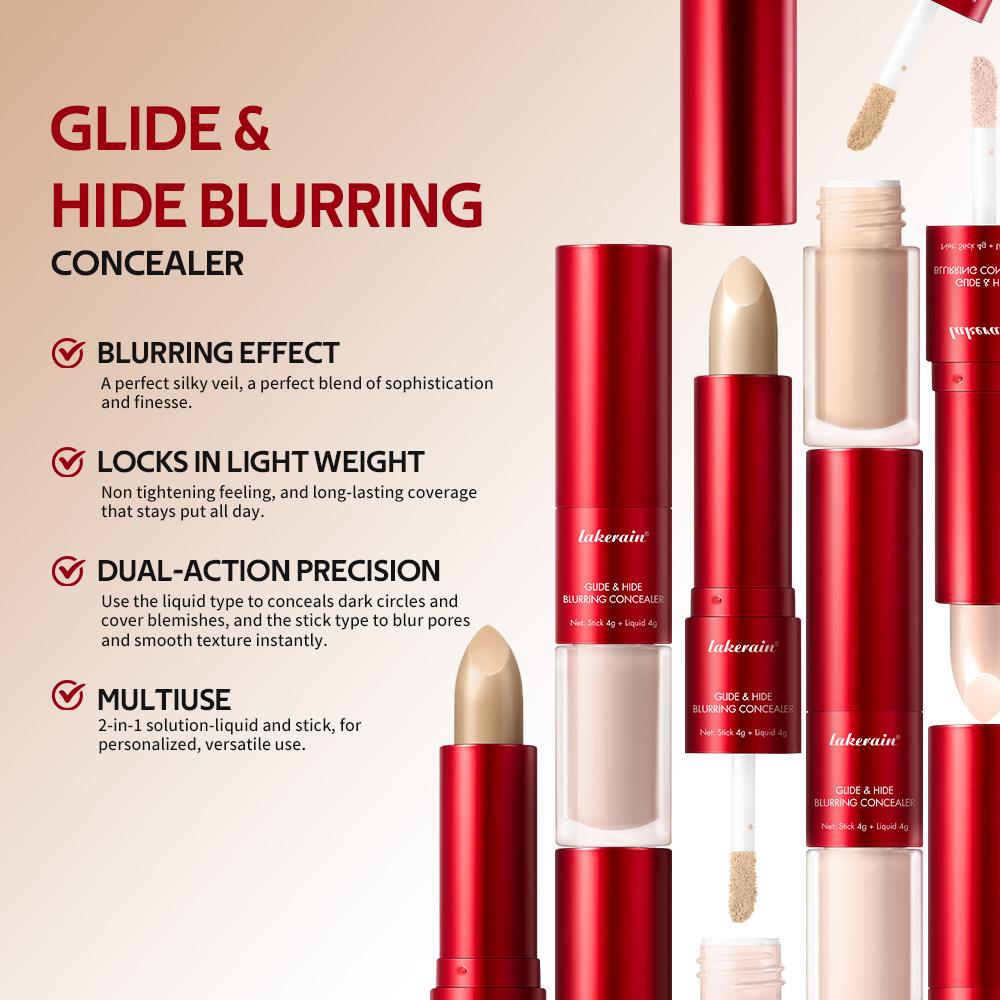 Long-lasting Glide&Hide Blurring Concealer, Concealer Foundation Hybrid, High-Coverage Concealer, Conceals Dark Circles and Wrinkles, Dual formula Including Liquid Tip & Balm Stick, Waterproof & Sweatproof, Smoothes & Brightens, Travel-Friendly Cosmetics