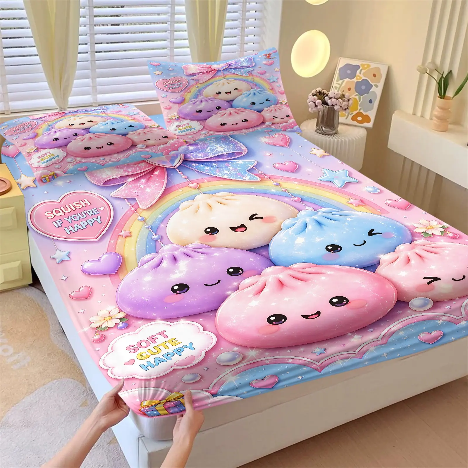 3PCS Cute Cartoon Squish Dumpling Rainbow Heart Fitted Sheet Set (1 Fitted Sheet+2 Pillowcases), Vivid HD Digital Print, Soft Breathable Skin‑Friendly Fabric, Deep Pocket, Apartment & Dorm Decor Accessories, Ideal Present For Kawaii Enthusiasts