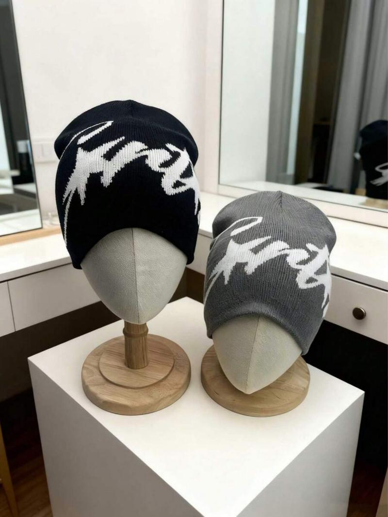 Y2K Star Knit Beanie Hat, Unisex Streetwear Party Cap, Asymmetrical Design, Fitted Style, Vintage Millennium Fashion