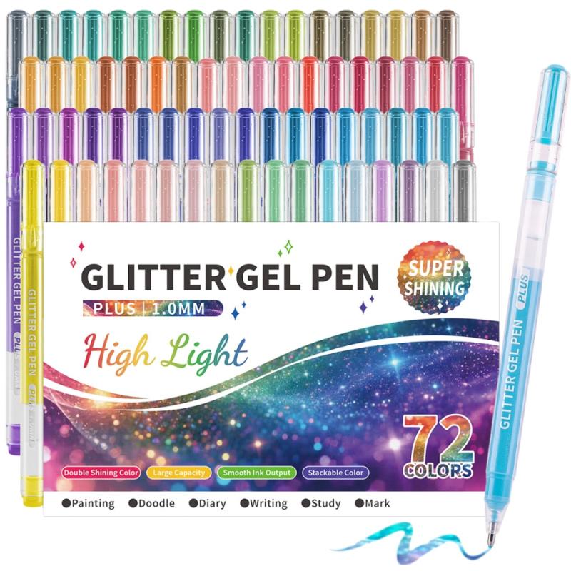 Glitter Gel Pens, Glitter Markers, 72 Pack Colored Pens for Black Paper & White Paper, 1.0mm Point Pens, Large Capacity Ink Pens for Coloring, Writing, Drawing, Journaling, Note Taking, School, Office, Home