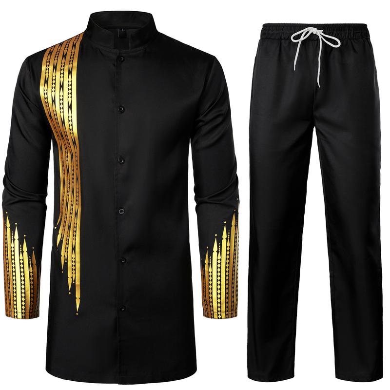 ZEROYAA Men's Traditional Suit Long Sleeve Button up African Dashiki Shirt and Pants Ethnic 2 Piece Outfit Clothes Cotton sets for men clothing men's 2 piece set Cardigan Breathable