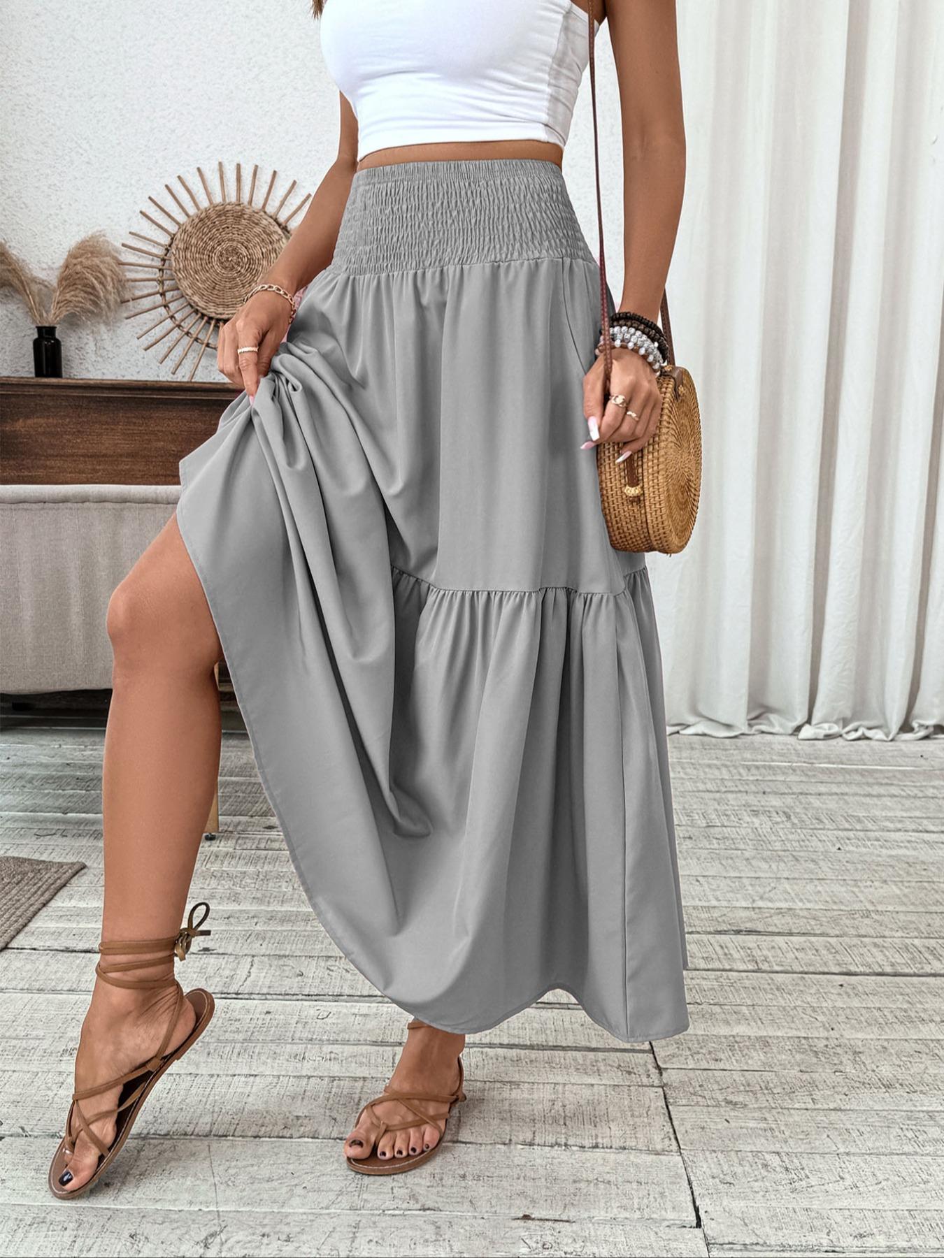 Women's Floral Casual A-Line Ruffled Skirt, Elastic Waist Pockets, Leaf Hem, Long Fitted Skirt, Fashionable Mid-Length Dress