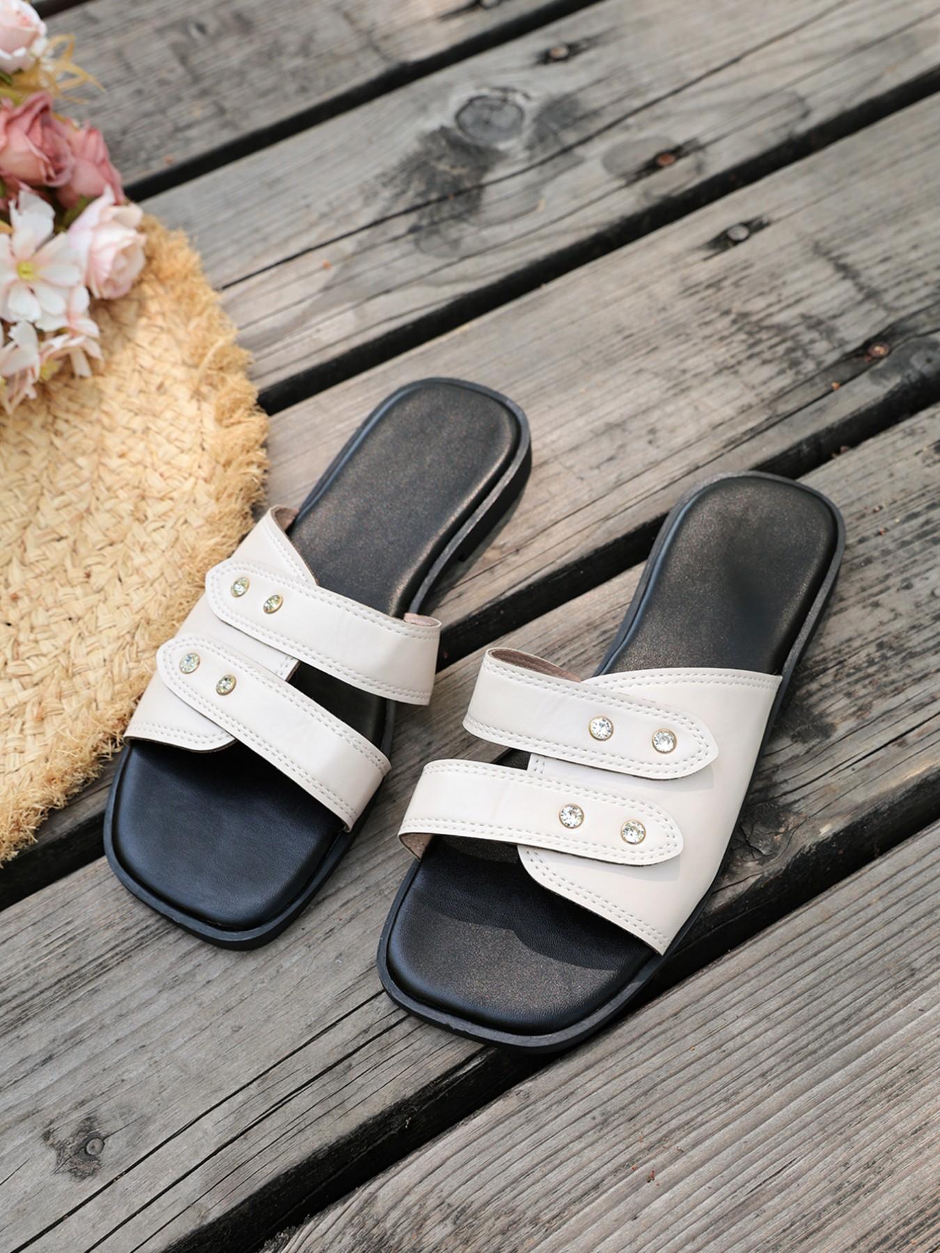 Summer New Rhinestone Two-Band Sandals, Open-Toe Breathable Soft Sole Anti-Slip Roman Shoes, Fashion Beach Footwear for Women