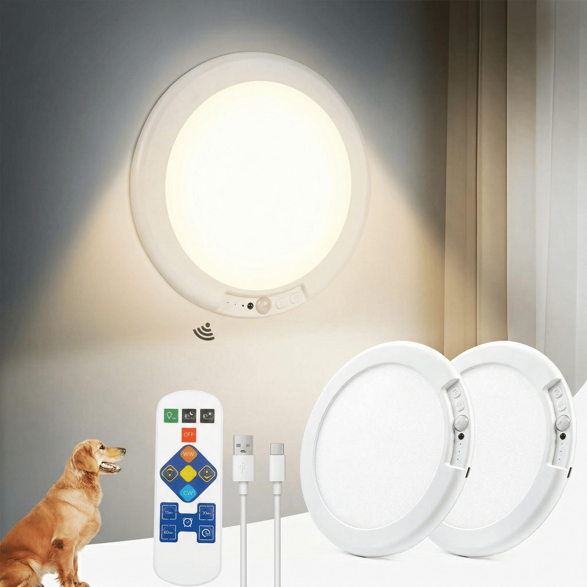 2 Pack Rechargeable Ceiling Lights with Remote Wireless Battery Operated Motion Sensor Waterproof Shower Lighting, 3CCT & Dimmable Stick On Closet Overhead for Pantry Living Room Renter Friendly