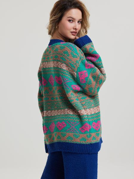 Two-picec  Women's Vintage Style Home Set, Knit Cardigan & Deep Blue Wide-Leg Pants, Pop Art Pattern, Thick Fabric, Fall Winter Boho Loose Fit