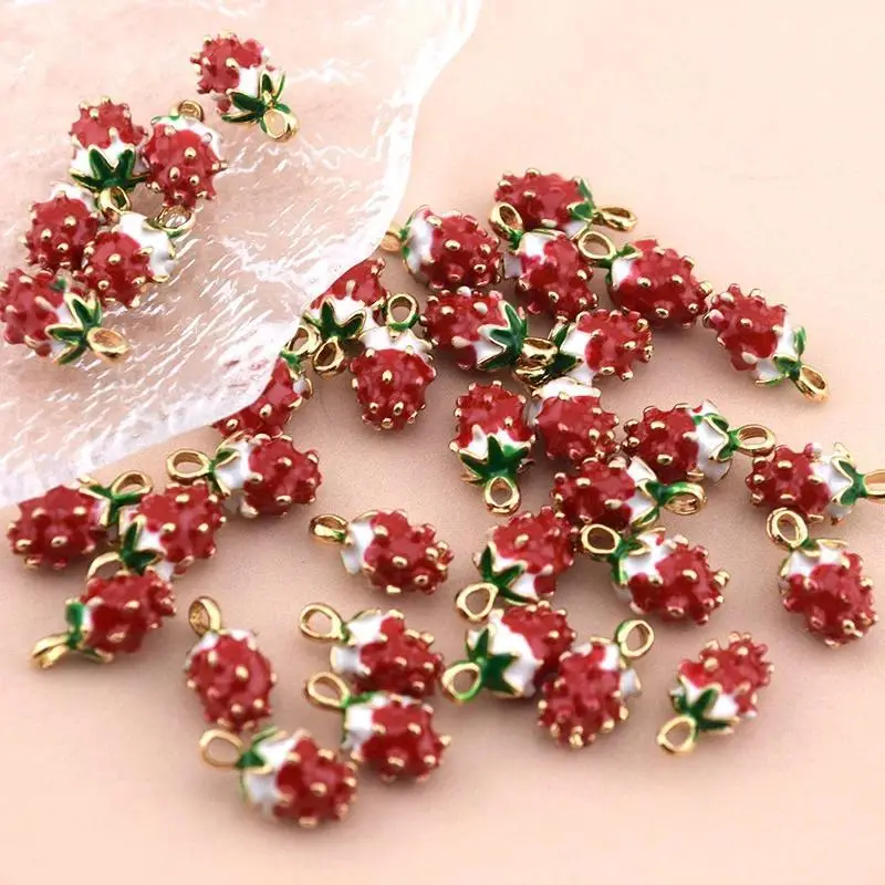 10pcs Unisex Mini Red Strawberry Alloy Metal Enamel Finish Charms, Cute 3D Shape Fruit Pendants for Bracelet, Earring, Necklace DIY Jewelry Making