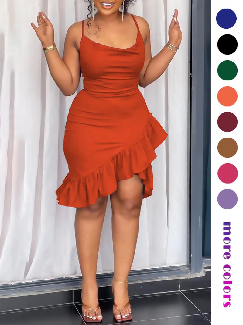 Women's Plain Asymmetrical Hem Cami Dress, Elegant Sleeveless Dress for Party Dating Wear, Ladies Summer Clothes