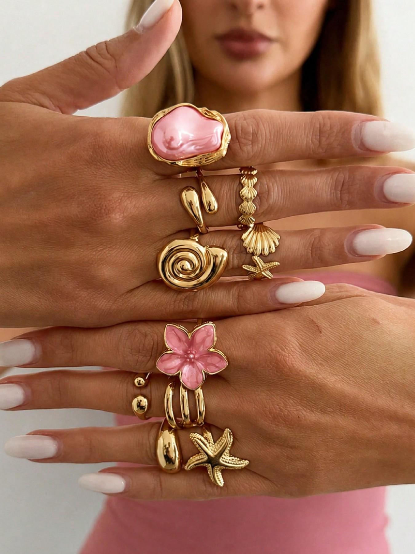 10 Pcs Boho Beach Starfish Ring Set, Boho Style Rings, Alloy Flower Stackable Finger Rings, Beautiful Rings, Party Jewelry, Gift for Holidays, Birthday and Beach
