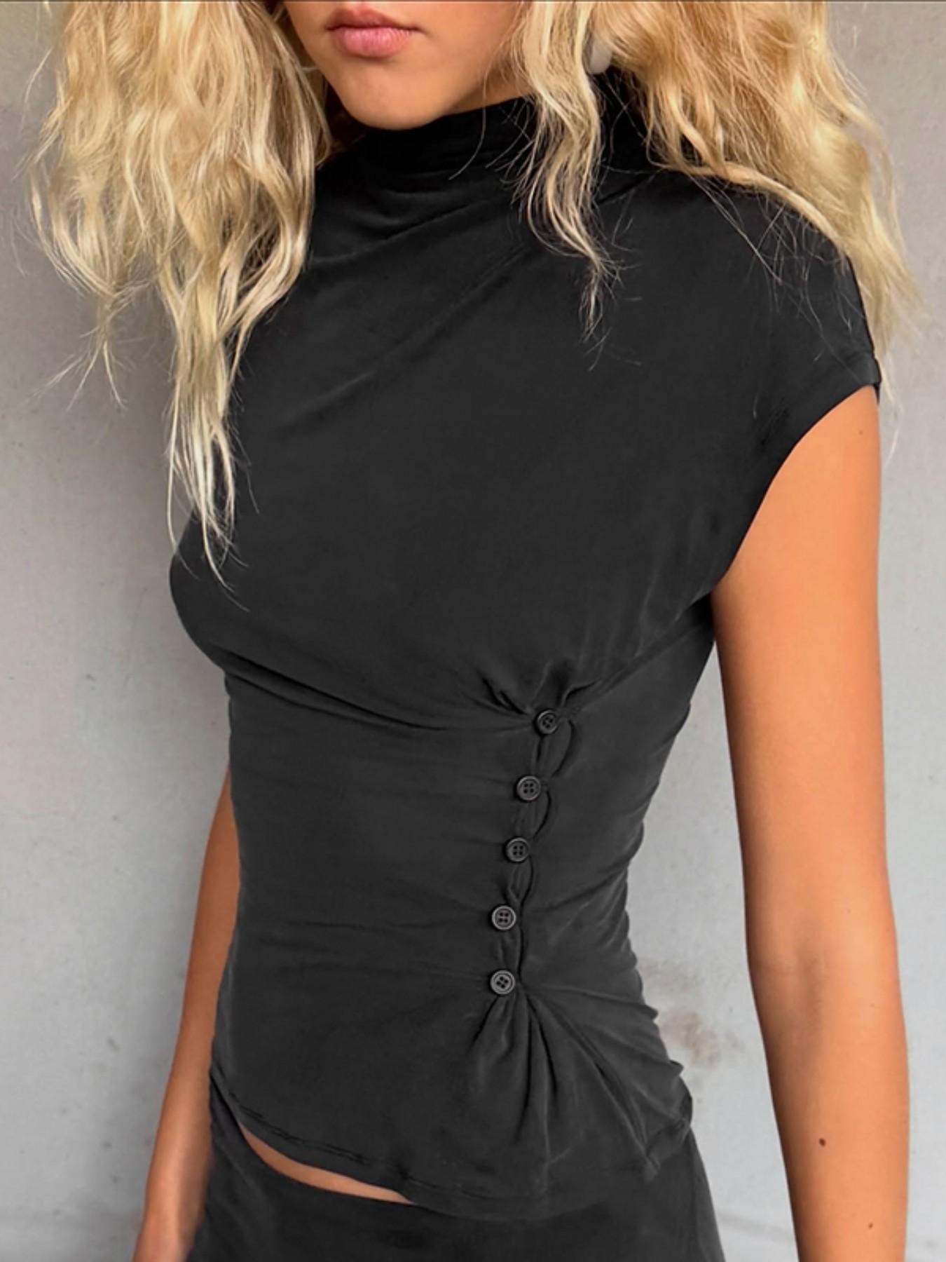 Women's Flutter Sleeve Ruched Waist Short Fitted Commuter T-Shirt, Unique Button Design, Fashionable and Versatile, Casual Style, Button Closure Shirt