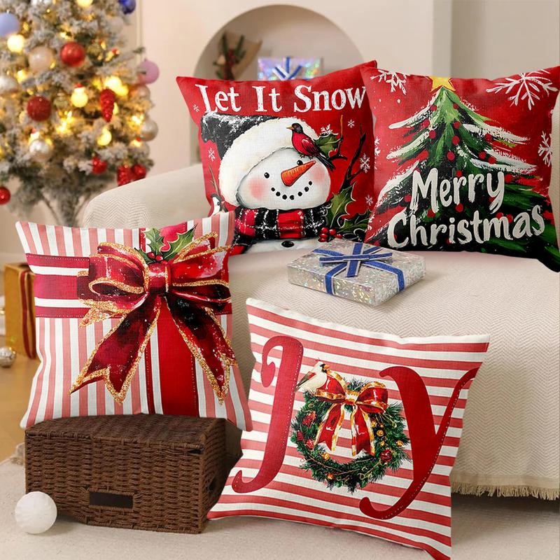 4pcs Set of 18x18 Inch Christmas Throw Pillow Covers,  Winter Holiday Cushion Case Decoration, Snowman&Christmas tree Designs, ZipperClosure,Linen,Merry Christmas Decor 2025 for Home, Couch, Sofa, Living Room – No Inserts Included