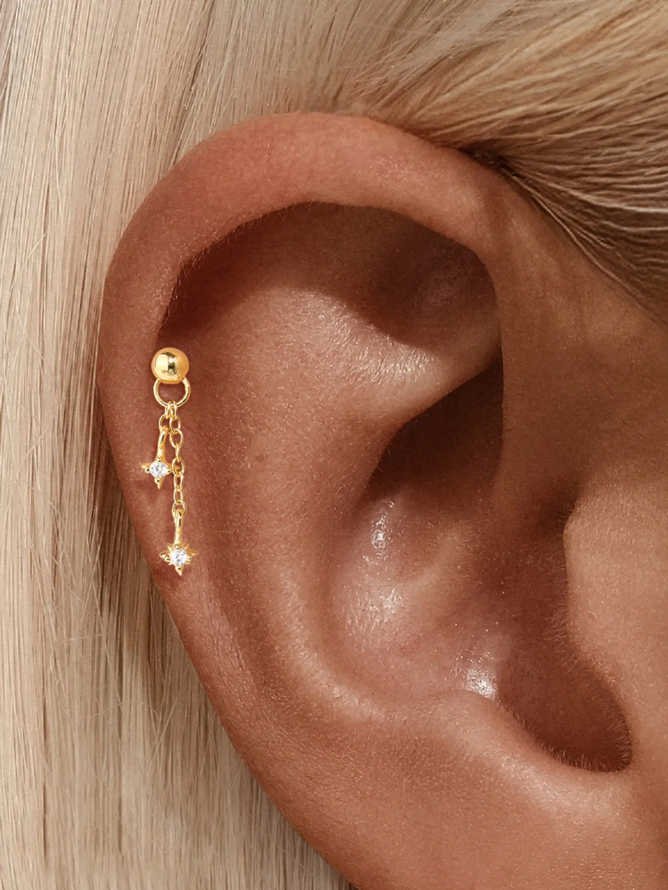 1Pc 18K Gold Plated S925 Sterling Silver Double Chain Tassel Star CZ Flat Back Party Earrings, Dainty Celestial Threaded Cartilage Piercing Labret Studs Hypoallergenic Non-Tarnish,  Ideal for Daily Wear, Valentine's Day, and Other Special Occasions.