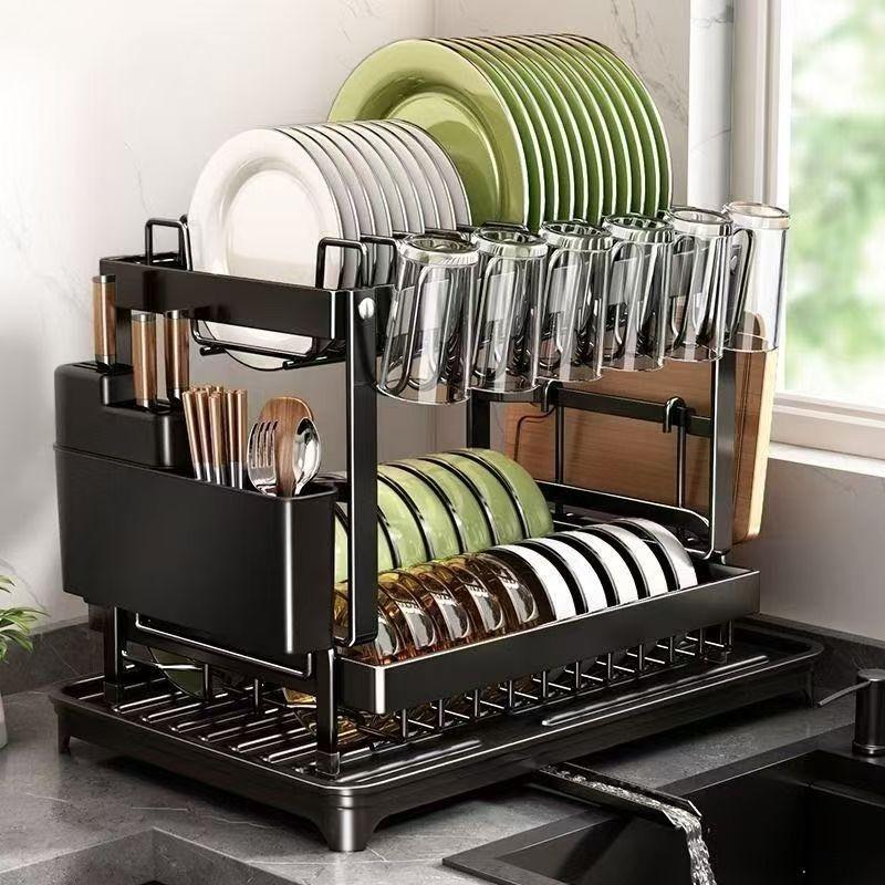 Two-layer drain rack, with adjustable dish rack, cutlery cup storage space, compact space-saving design, kitchen countertop finishing artifact, rugged storage solution