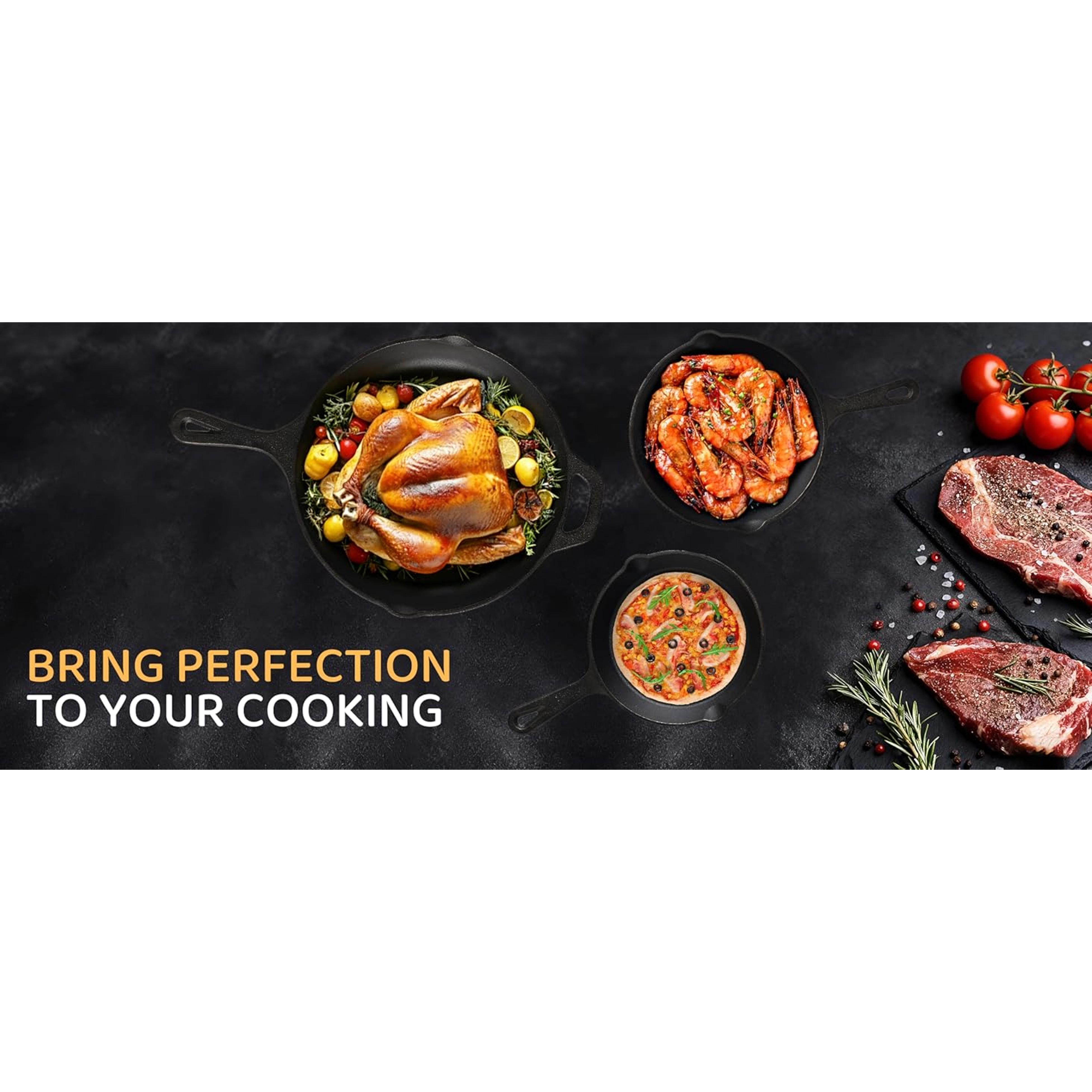 Cast Iron Skillet 3-Piece Set, Heavy-Duty Professional Restaurant Chef Quality Pre-Seasoned Pan Cookware Set, 6", 8", 10" Pans For Frying, Saute, Cooking, Use Indoor/Outdoor, Oven, Grill