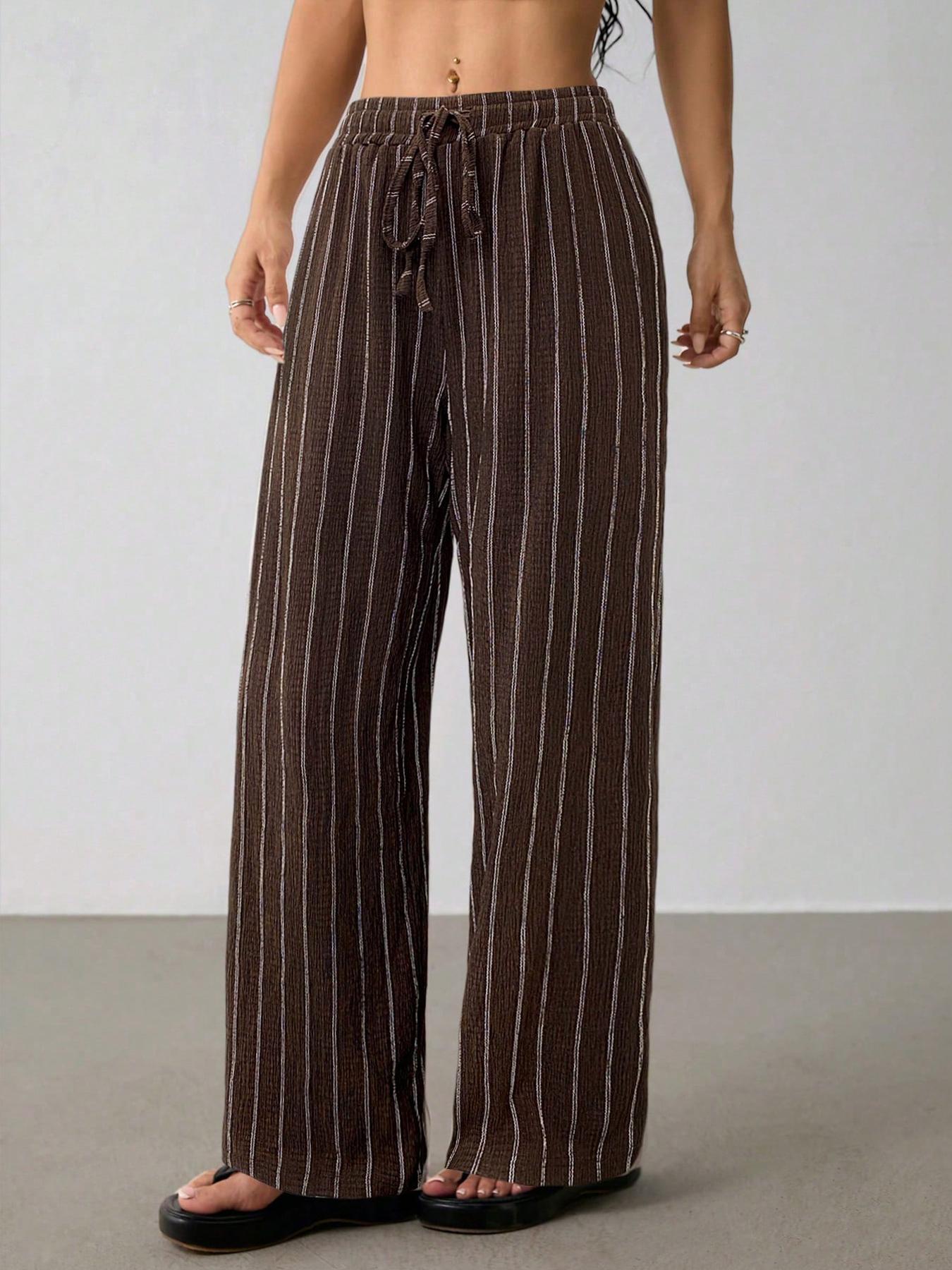 Valentine's Day Women's Striped Waist Tie Straight Leg Loose Casual Belted Pants, Fitted Style, Moderate Fabric Thickness, All Seasons Wear Valentine's Day Women's Striped Waist Tie Straight Leg Loose Casual Belted Pants, Fitted Style, Moderate Fabric Thickness, All Seasons Wear