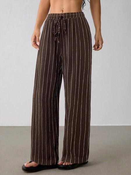 Valentine's Day Women's Striped Waist Tie Straight Leg Loose Casual Pants, Fitted Style, Moderate Fabric Thickness, All Seasons Wear