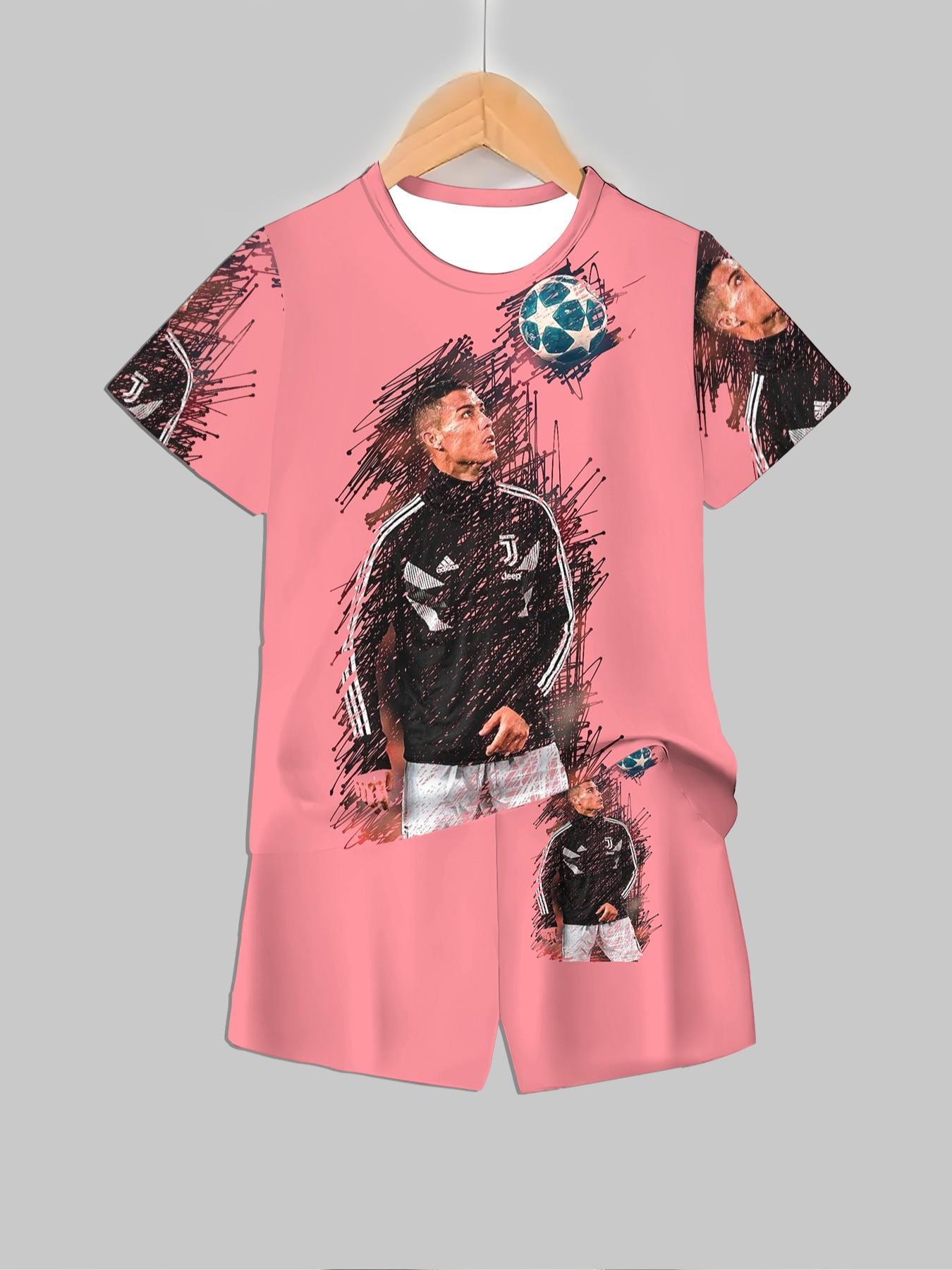 Boys' Base Juventus C Ronaldo Graffiti Print T-Shirt and Track Shorts, Casual Summer, Party, Vacation, School Wear