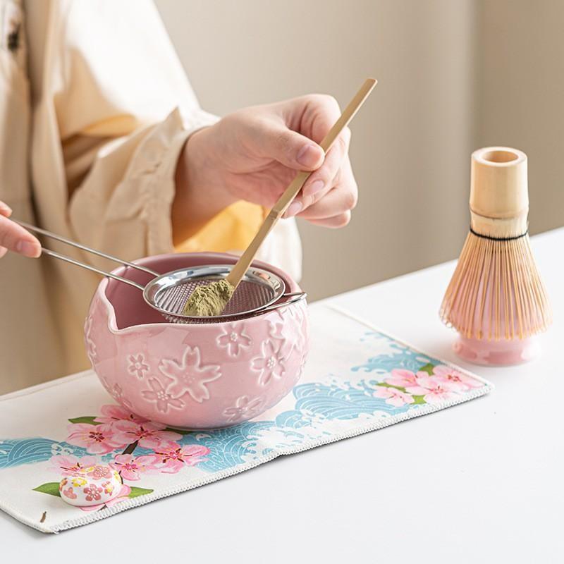 Traditional Japanese Matcha Tea Set, Includes Ceramic Bowl, Bamboo Chasen, Stainless Steel Sieve, Cotton Teapot Spoon, Ideal for Home or Café