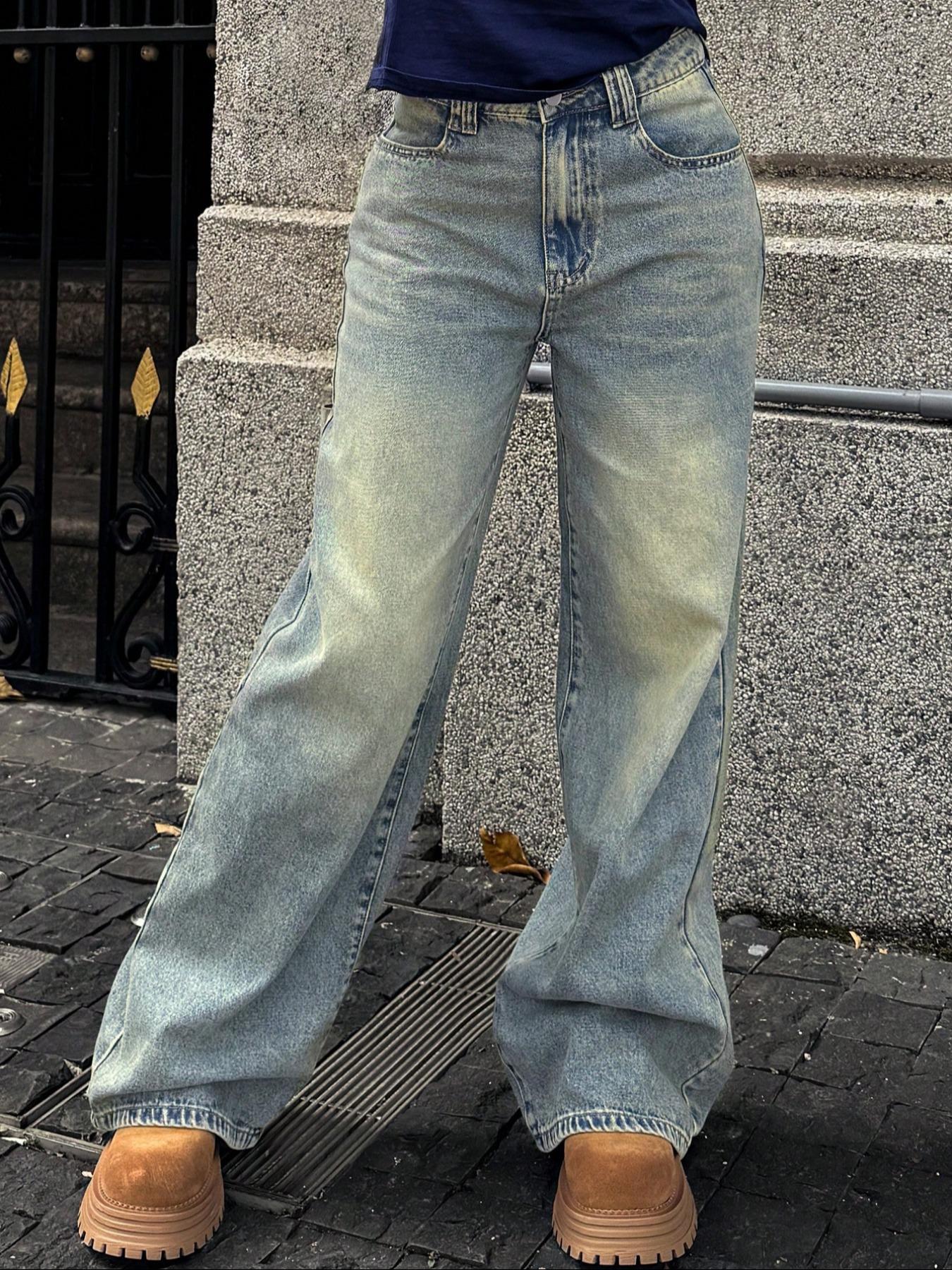 Women's Elastic Wide Leg Jeans, Vintage Style Casual Fashion Denim Jeans, Trendy Relaxed Fit Long Jeans for All Seasons