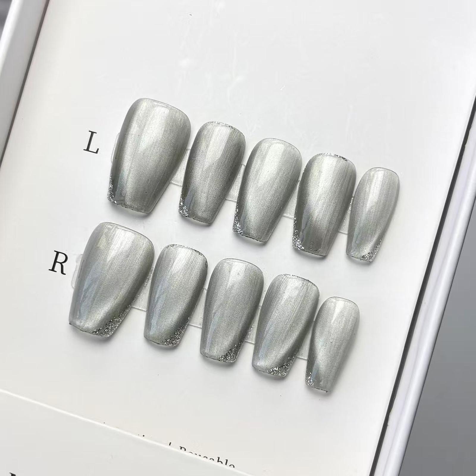 Luxury Nail Freedom! Silver Cat Eye Glitter Edge Press Ons, Get Baddie Nails In 5 Mins, No Salon Needed