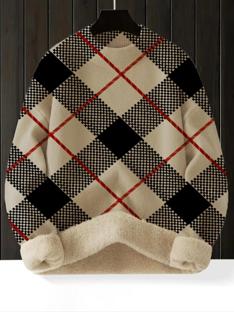 Women's Tartan Print Stand Collar Sweater, Fall & Winter Casual Long Sleeve Knitwear, Comfortable Warm Fitted Top for Daily Wear, Knitted Sweater