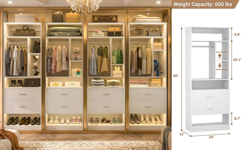 80'' Height Freestanding Wood Closet System, DIY Reversible Stand-alone Wardrobe Walk-in Closet Garment Organizer with Hanging Rod and Drawers, White