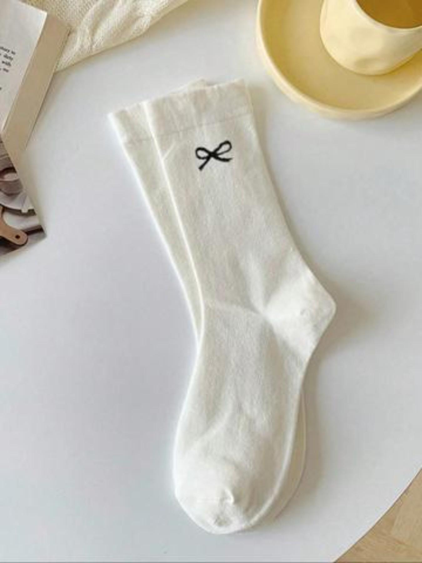 Women's Socks, Pure Color Bow Mid-Calf Socks, Cute and Simple Girl Long Socks, Comfortable and Versatile, Student Socks, All Seasons