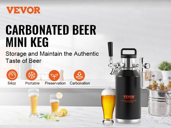 VEVOR Beer Growler Tap System, 64Oz 1.89L Mini Keg, 304 Stainless Steel Pressurized Beer Growler, Keg Growler with Pressure Display, CO2 Regulator Faucet, Leak-Proof Ring For Draft Homebrew Craft Beer