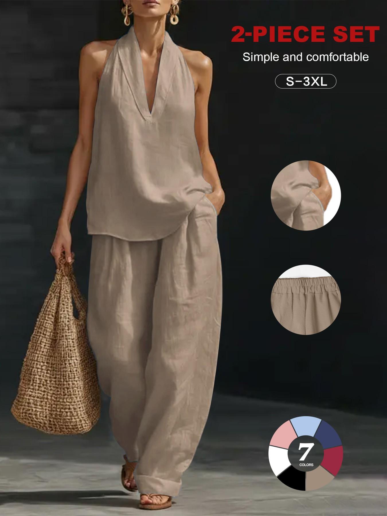Women's Linen Sets 2 Piece Summer, Casual Sleeveless Lounge Set, Ankle Length, Loose-Fitting, Beach Vacation Clothes