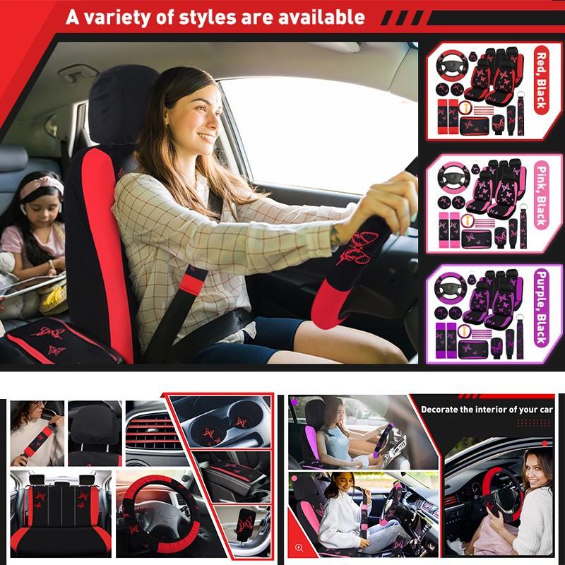 4 Butterfly-Themed Car Seat Cover & Interior Accessory Combo: Lightweight and Breathable Seat Covers for 5-Seater Vehicles, Butterfly-Print Steering Wheel Cover, and Additional Decorative Accents; Compatible with Most Sedan and SUV Models