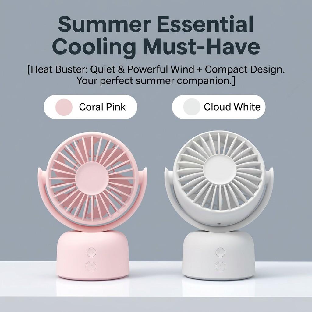 Rechargeable Desktop Oscillating Fan, 3 Speed Settings, 90° Auto Swing, 120° Manual Adjust, Quiet Portable Fan for Home Office Bedroom
