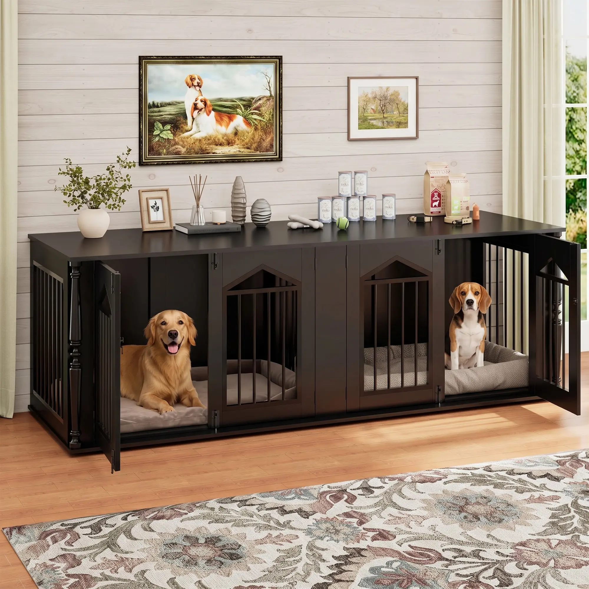 72.4 in Extra Large Wooden Dog Crate Furniture, Large Dog Kennel with Removable Divider, Indoor Dog Cage with Metal Bars, Double Dog Crate for Large Dogs, Furniture Style Pet House,familyfun