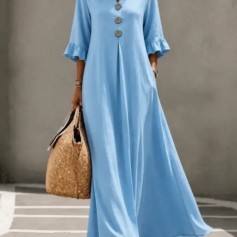 【Black Friday】Women's Boho Aesthetic Style Solid V-Neck Dress with Wooden Buttons and Ruffle Sleeves, Loose-Fit A-Line Dress, Fall & Winter Casual Wear