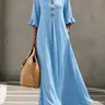 【Black Friday】Women's Boho Aesthetic Style Solid V-Neck Dress with Wooden Buttons and Ruffle Sleeves, Loose-Fit A-Line Dress, Fall & Winter Casual Wear