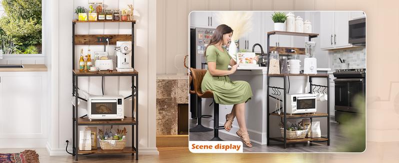 SUPERJARE Kitchen Bakers Rack with Power Outlet, Coffee Bar Table 4 Tiers, Kitchen Microwave Stand with 6 S-shaped Hooks, Kitchen Storage Shelf Rack for Spices, Pots and Pans