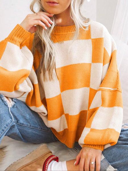 Plus Size Plaid Drop-Shoulder Sweater, Casual Long-Sleeve Knitwear for Fall & Winter, Loose-Fitting Round Neck Pullover for Women