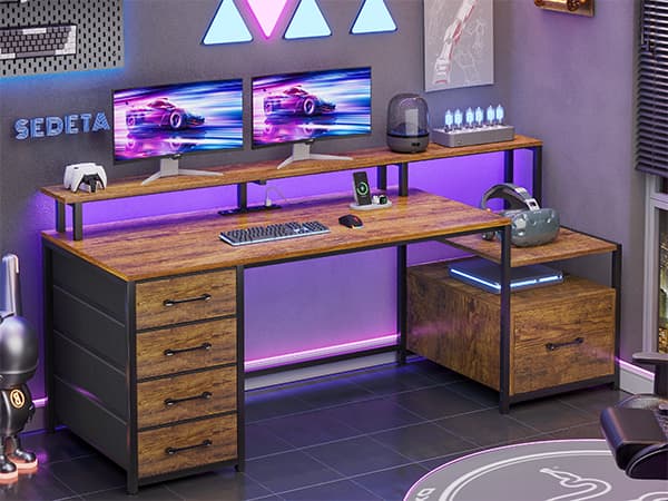 SEDETA 66-inch Home Office Desk with File Drawers and Power Outlets Printer Cabinet with Storage Shelves and Monitor Shelf, Game Table with LED Lights