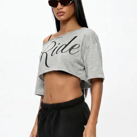 Women's One-Shoulder "Rider" Graphic Cropped T-Shirt, Y2K Asymmetric-Neck Short-Sleeve Loose-Fit Top for Summer, Casual Streetwear Going-Out Tee, Womenswear, Casual T Shirts