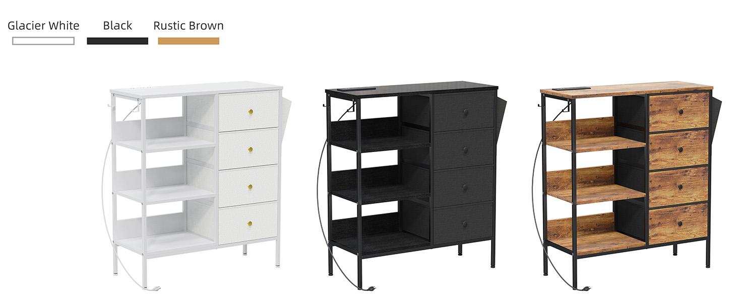 Tall Nightstand with LED Light & Charging Station – Bedside Table with 4 Drawers & 3-Tier Open Shelf, Modern Storage Cabinet with Wood Top & Metal Frame for Bedroom, Living Room, Apartment, 28.3"W x 11.4"D x 31.9"H