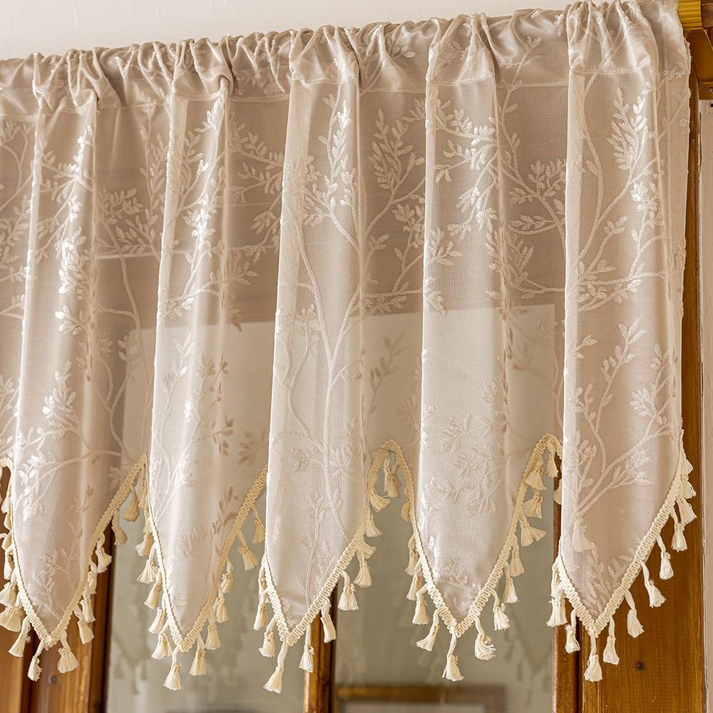 1pc American Country Leaf Embroidered Triangle Fringe Half Curtain, Vintage Coffee Shop Curtain, Kitchen Window Decor, Retro Style