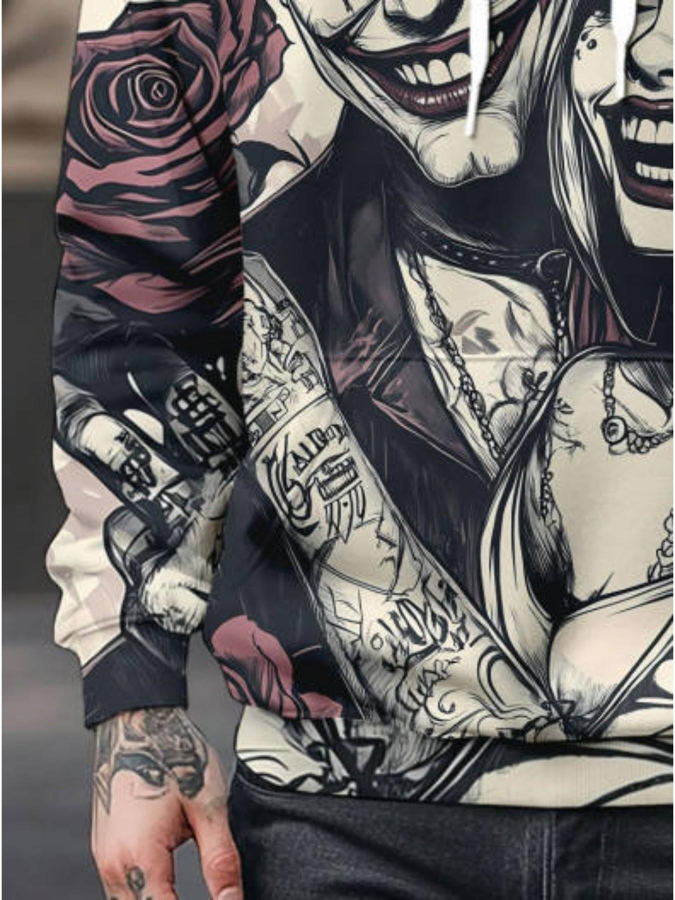 Men's Hooded Sweatshirt, Warner Collaboration, Joker Harley Quinn Print, Casual Fitted Sweatshirt, Fall Winter Fashion, Graphic Hooded Sweatshirt