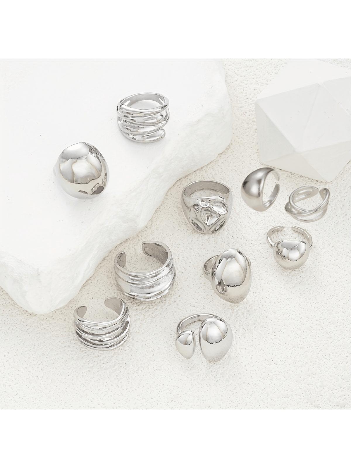 Women's Fashion Ring Set Silver Color Irregular Smooth Geometric Liquid Rings Exaggerated Old Money Style Stackable Wide Bands Dainty Stacking Rings
