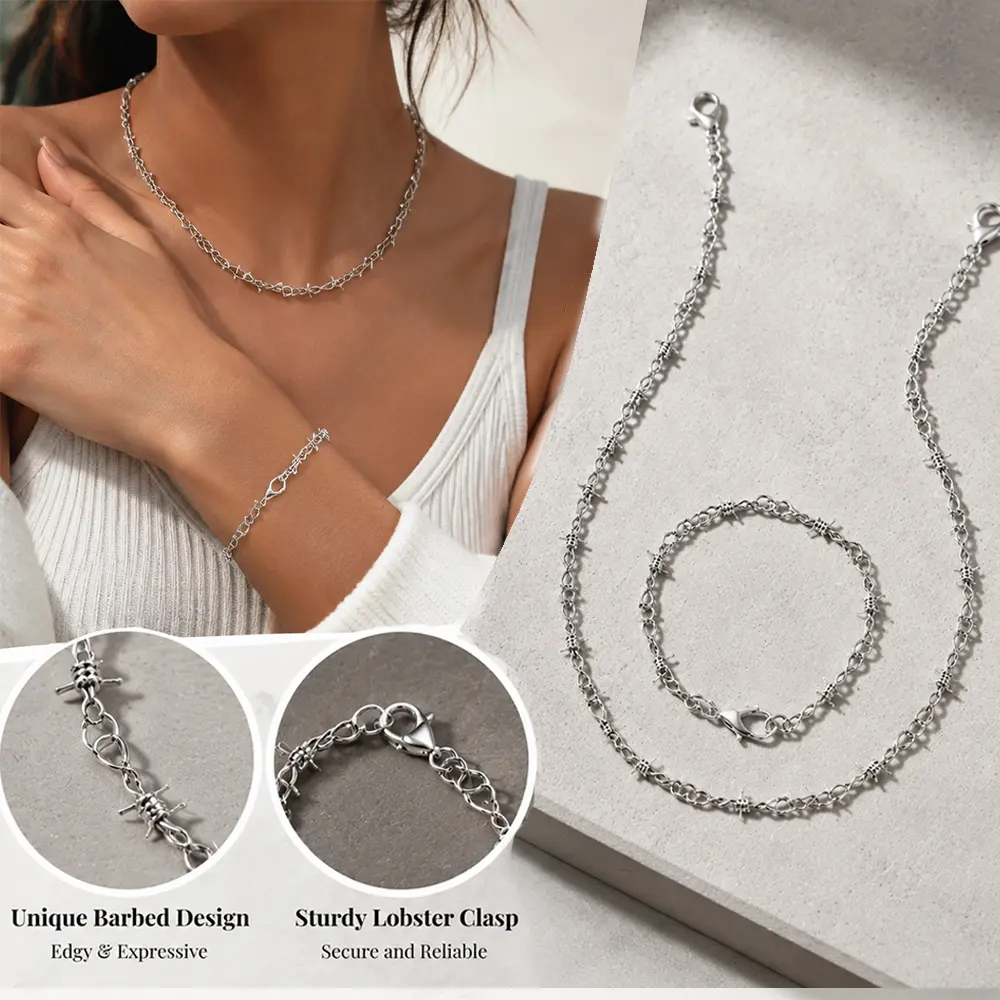 2Pcs Punk Thorns Metal Barbed Wire Chain Necklace Bracelet Retro Silvery/Golden/Black Gothic Necklace & Bracelet Jewelry Holiday Gift for Men Women