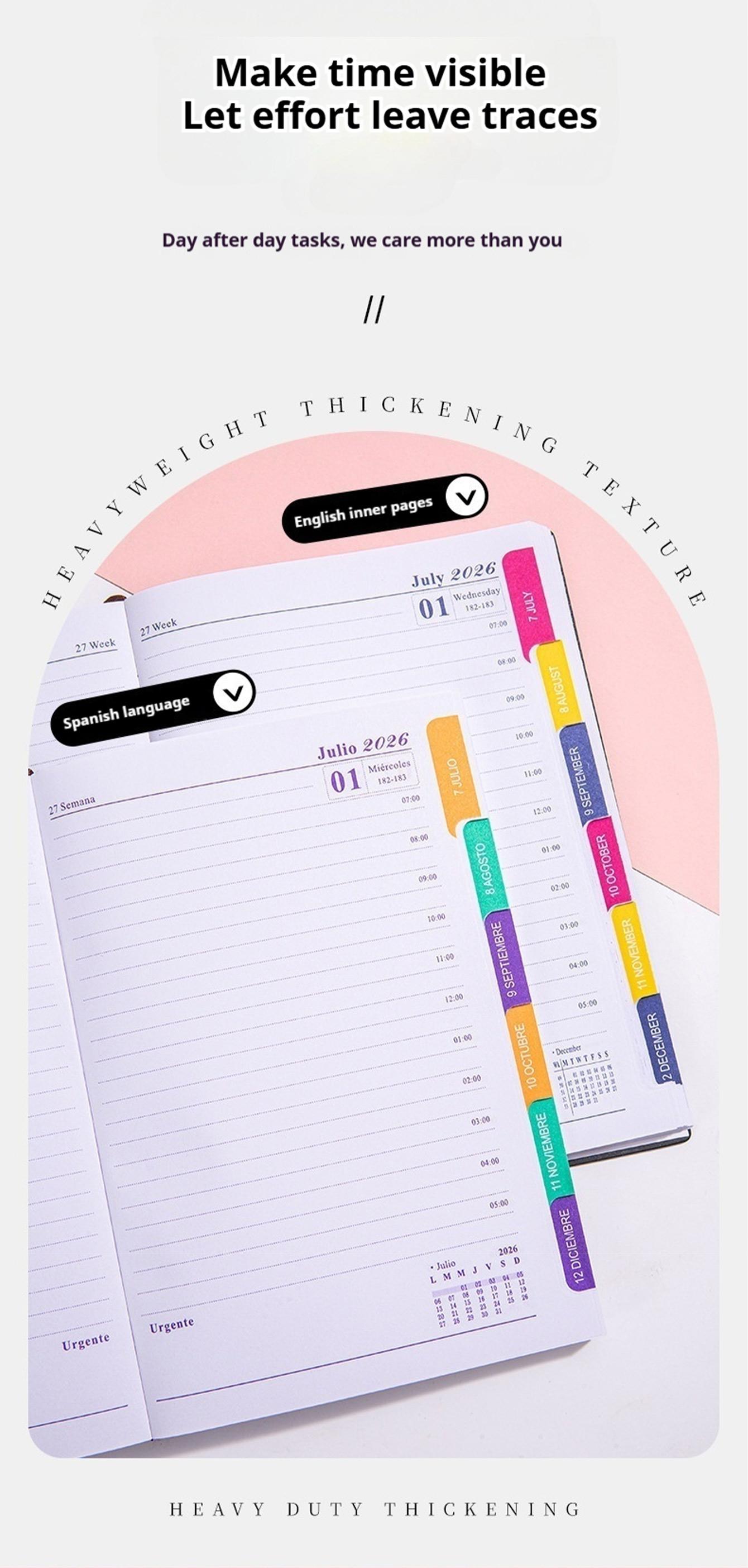 A5 PU Leather Cover Notebook, Weekly & Monthly Planner Diary, School Agenda Organizer, Learning Office Supplies, Multilingual Inner Pages