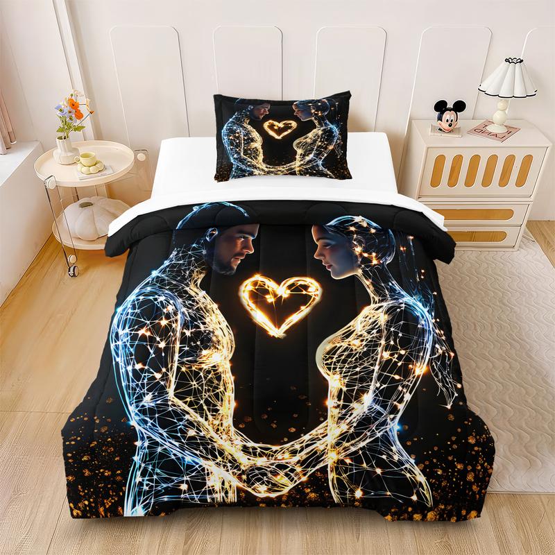 2/3pcs Couple Themed Comforter Set with 1 or 2 Coreless Pillowcases, Glowing Light Up Heart Design on Black Background. Soft and Cozy, Ideal for Couples, Perfect for Bedroom Bedding, Romantic Home Decor.