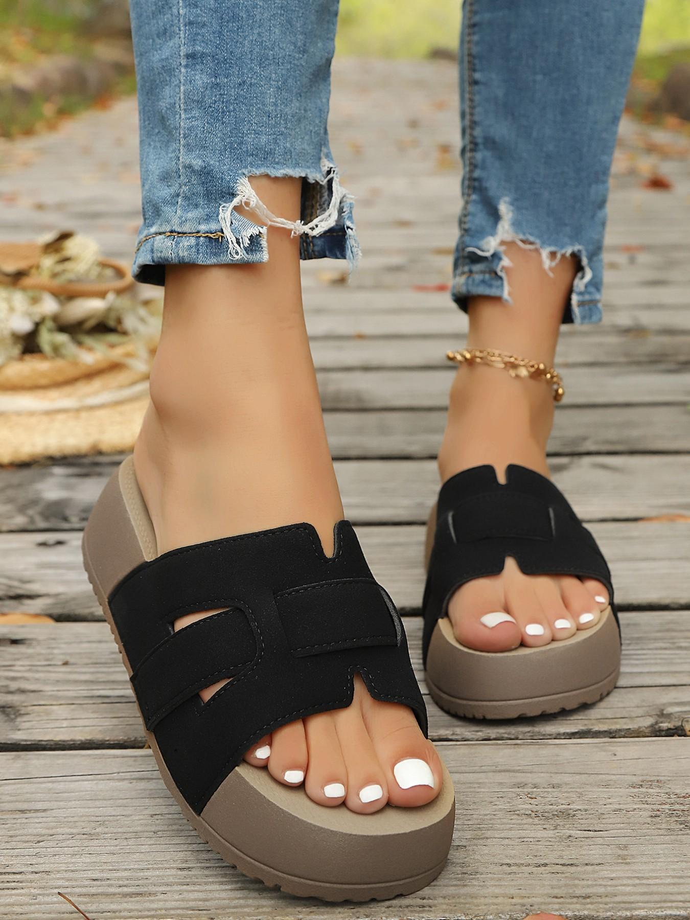 Women's Comfortable Open-Toe Sandals, Thick Sole PU Slip-On Shoes, Ideal for Casual Beach Vacations, Perfectly Comfortable