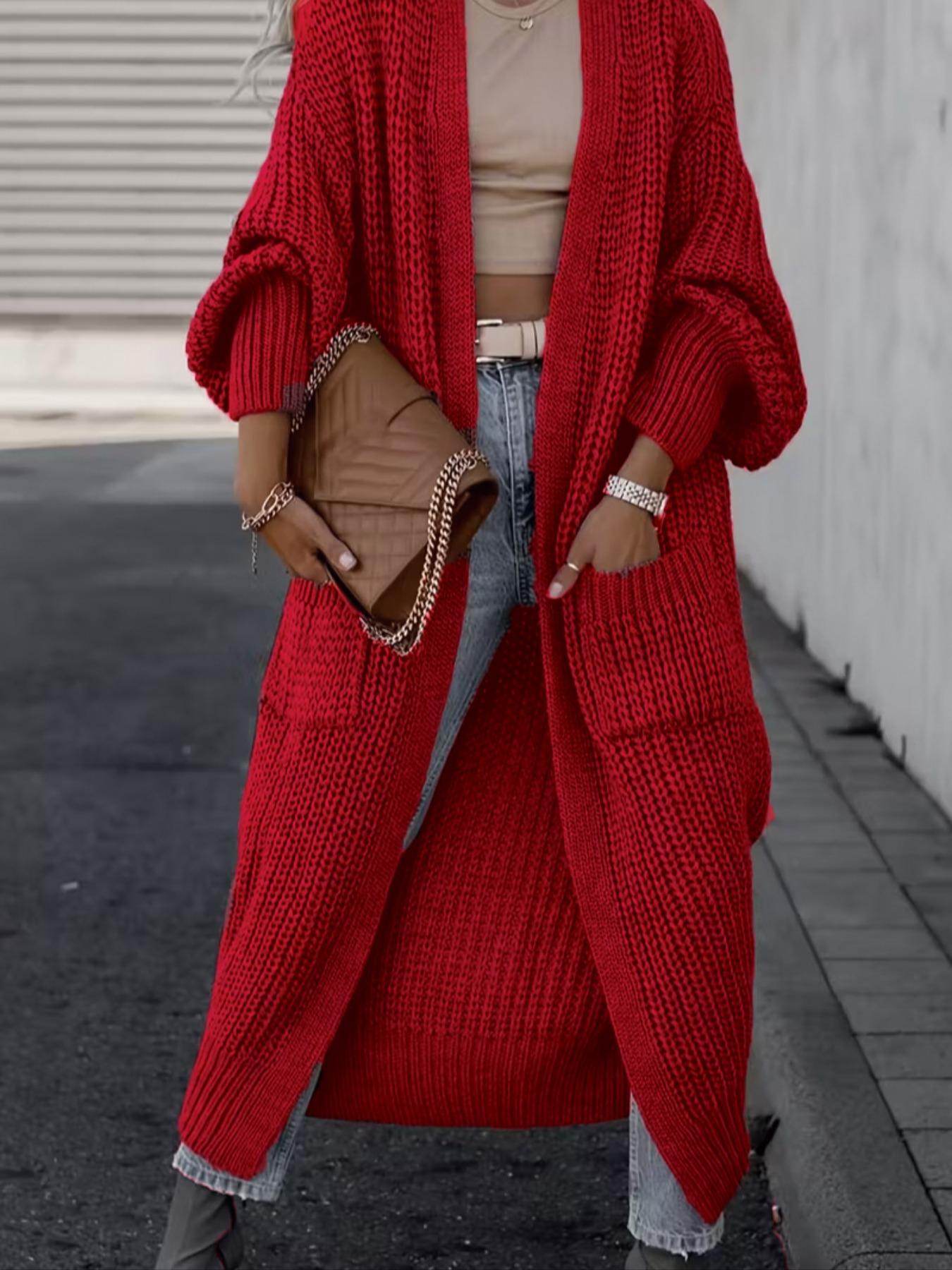 Women's Solid Drop Shoulder Pocket Cardigan, Casual Long Sleeve Open Front Knitwear for Fall & Winter, Women's Plus Clothing for Daily Wear, Sweater, Womenswear, Everyday, Fabric