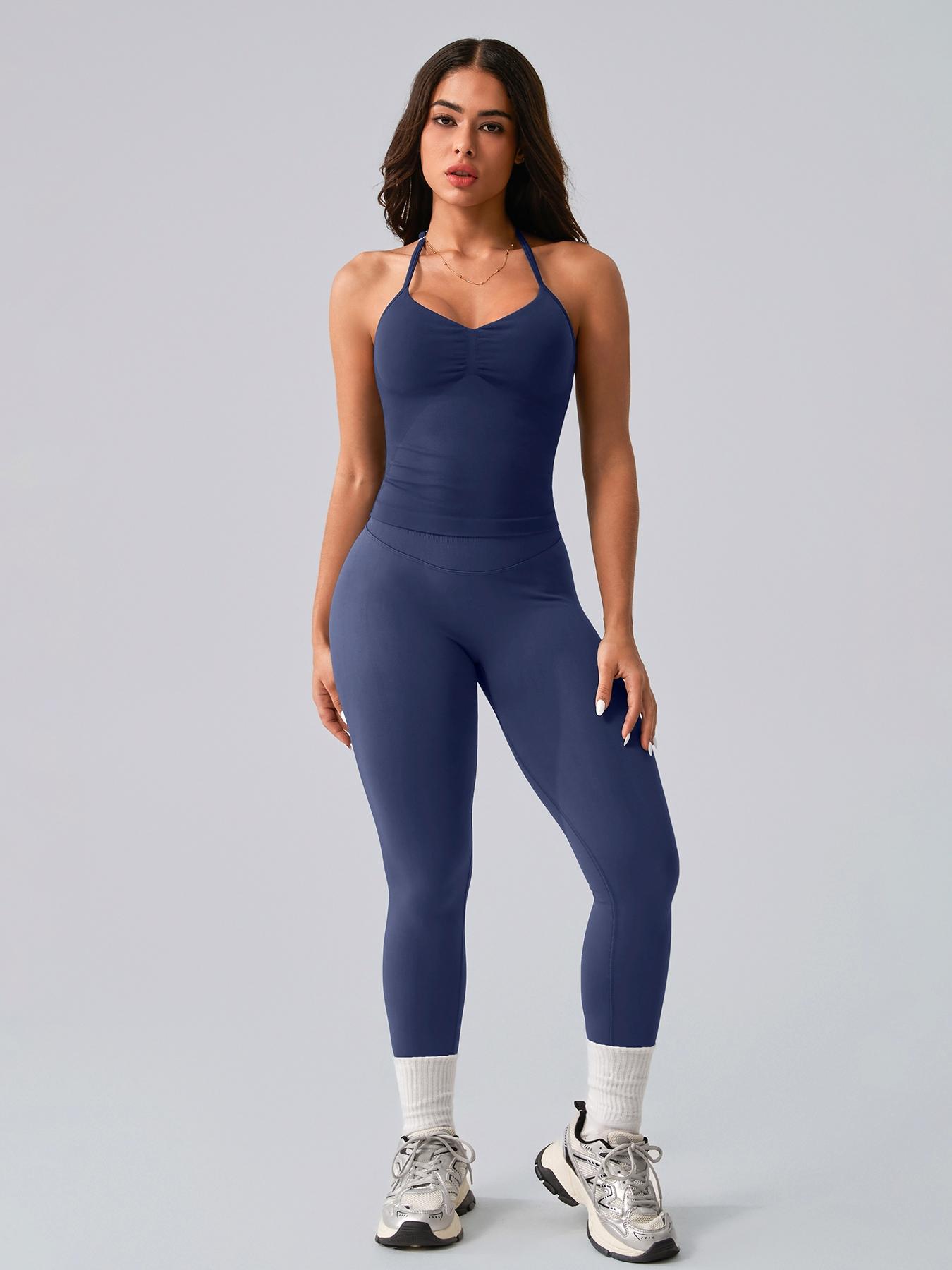 Women's High Waist Backless Tank Top & Tight Long Pants Set, Lightweight Compression Activewear, Breathable Yoga Gym Workout Cycling Running Golf Tennis Sports Wear