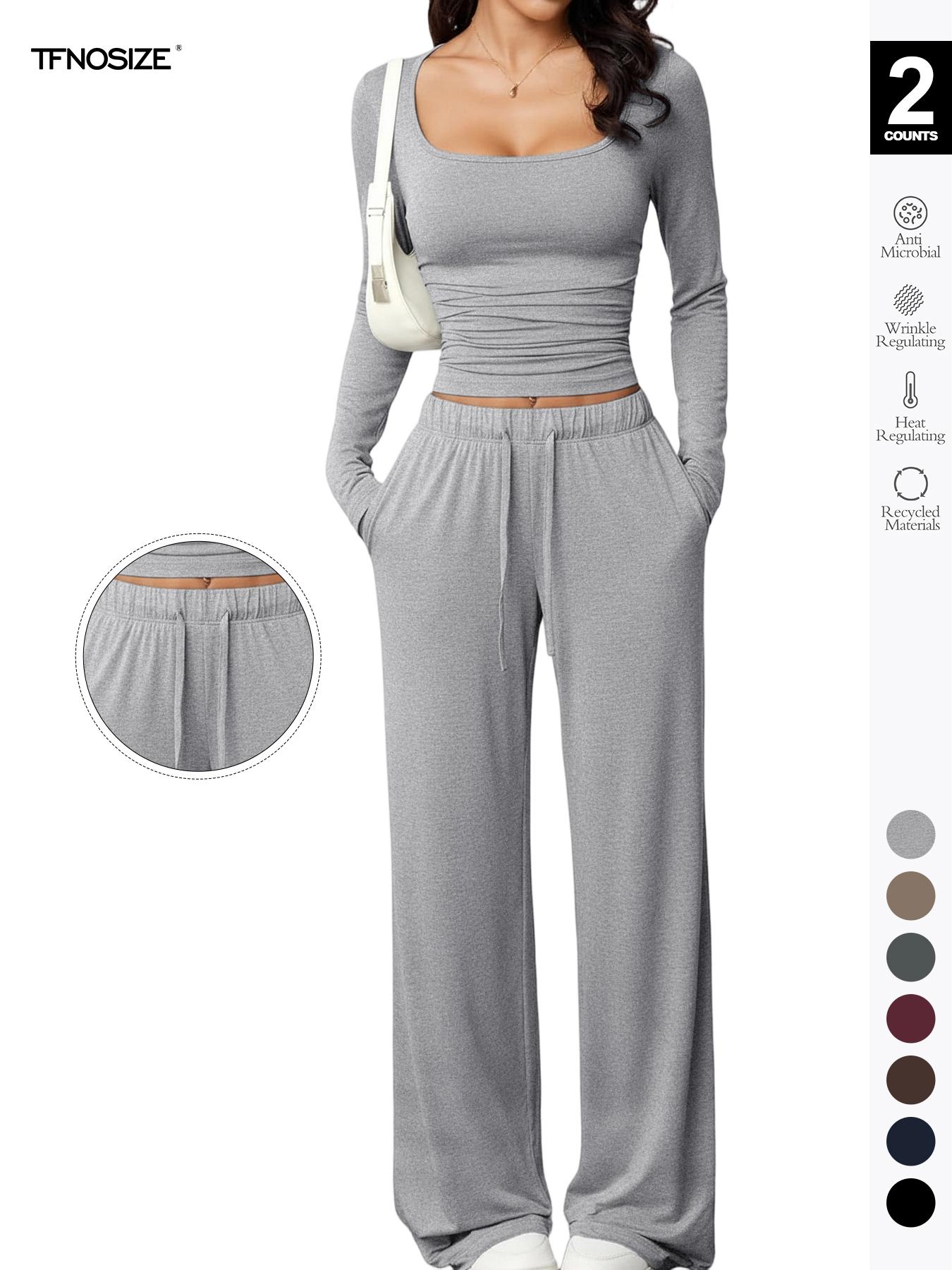 Women's Long Sleeve Square Neck Loungewear Set, Casual Loose Fit Home Wear, All Seasons Soft Comfortable Fabric, 2026 New Arrival