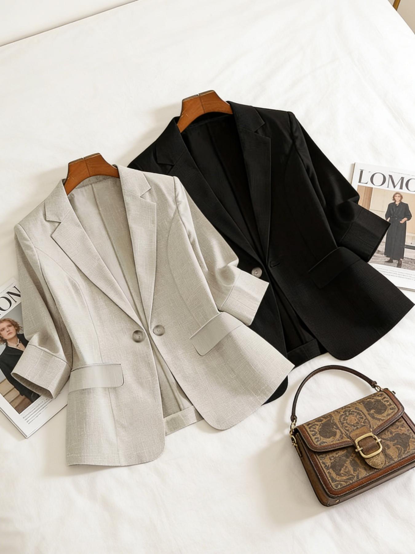 Women's two-piece plain color single-breasted double-pocket half-sleeve five-point suit jacket, suitable for spring and summer suitable for commuting outfit.