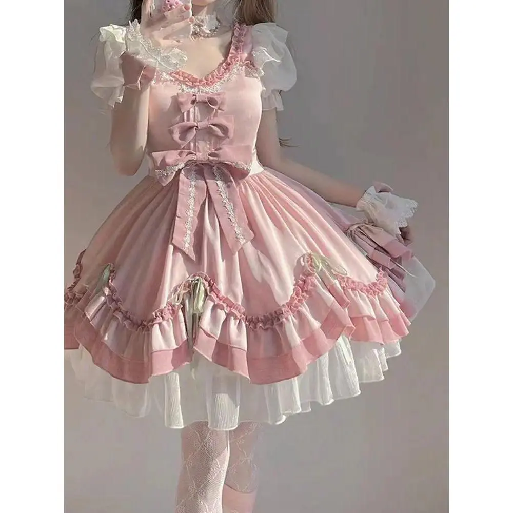 Japanese Style Cute Lolita Dress Women Short Sleeve Sweet Cosplay Princess Dress Female Party Fashion Y2k Mini Dress